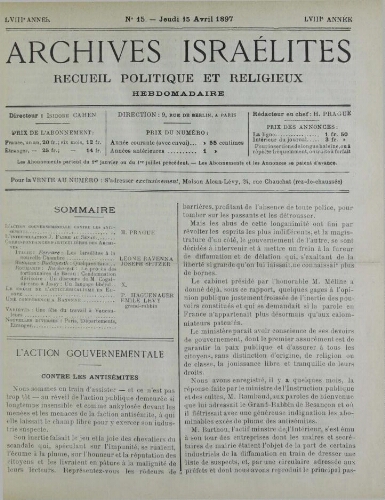 Archives israélites de France. Vol.58 N°15 (15 avr. 1897)